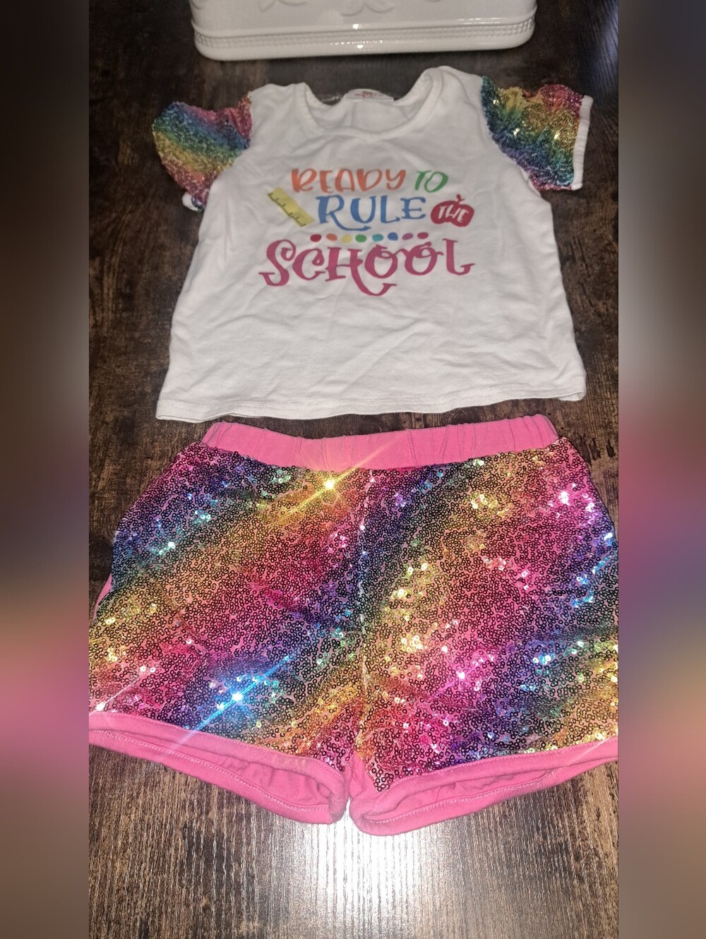 Ruffle Girl Outfit Girl's Rainbow Sequin Shorts Set- 'Ready to Rule the School'